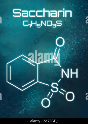 Formula chimica della saccarina su uno sfondo futuristico Foto Stock