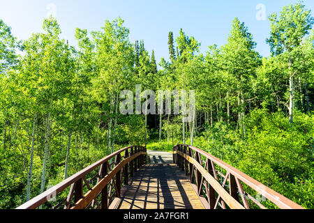 Snowmass Village piccola cittadina di Aspen a pennello Creek Trail in Colorado downtown vuote con ponte in legno in vista estiva dalla foresta di alberi Foto Stock