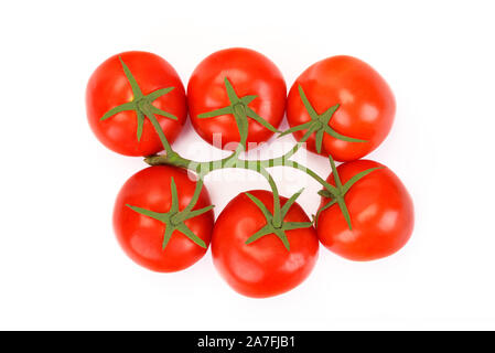 Vista superiore del rosso dei pomodori freschi con foglie verdi isolati su sfondo bianco Foto Stock