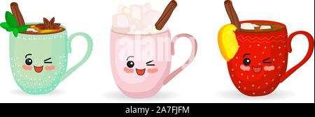 Set di Cartoon carino kawaii tazze. I caratteri con le mani e un sorriso. Illustrazione isolati su sfondo bianco. Illustrazione Vettoriale