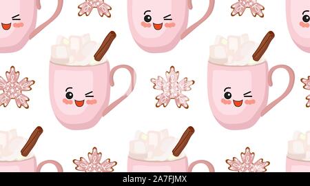 Anno nuovo modello senza giunture. Bevande d'inverno. Marshmallows, cannella e cioccolato caldo. Offerta di Natale. I fiocchi di neve la cottura. Coppa rosa carattere.. Illustrazione Vettoriale