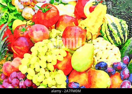 Arte digitale pittura - vari prodotti organici esposizione di frutta e verdura fresche (effetto acquerello) Foto Stock