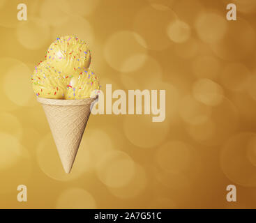 Altamente dettagliata delizioso caramello palline di gelato in un cono di cialda Abstract sfondo colorato. Bokeh bolle. 3d illustrazione Foto Stock