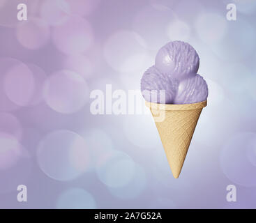 Altamente dettagliata sfere deliziosi blackberry e il gelato alla vaniglia in un cono di cialda Abstract sfondo colorato. Bokeh bolle. 3d illustrazione Foto Stock