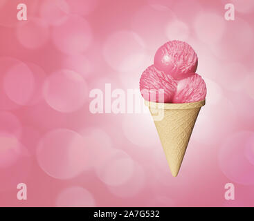 Altamente dettagliata sfere delizioso gelato alla fragola in un cono di cialda Abstract sfondo colorato. Bokeh bolle. 3d illustrazione Foto Stock