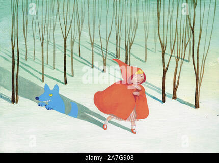 Little Red Riding Hood cape nella foresta in inverno nella sua ombra viene fuori un lupo blu un bambino fiaba illustrazione concettuale pittura surreale Foto Stock