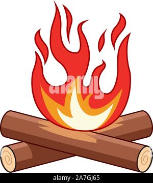 Falò di vettore illustrazione di fiamma. rosso e arancione luce camp cartoon. Icona del fuoco di accampamento isolati su sfondo bianco caldo sul fuoco di legna da ardere Illustrazione Vettoriale