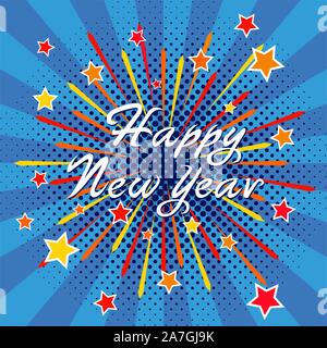 Vettore astratto sfondo di Natale con star burst, mezzitoni e felice anno nuovo testo. progettazione di fuochi d'artificio e stelle per Capodanno e Natale holid Illustrazione Vettoriale