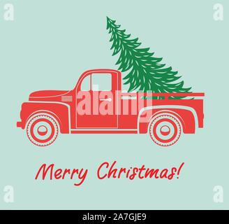 Vector vintage pickup truck consegna dell albero di natale. vecchia auto rossa con holiday abete e insieme di alberi di extra per le schede retrò, felice anno nuovo e m Illustrazione Vettoriale