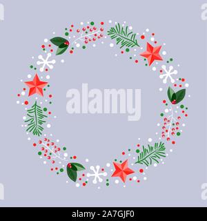 Vettore vacanze di Natale design con la stella rossa, il simbolo del fiocco di neve, pino ciuffi e bacche rosse. inverno sfondo di natale decorazione per il felice anno nuovo e m Illustrazione Vettoriale