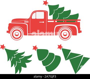 Vector vintage pickup truck consegna dell albero di natale. vecchia auto rossa con holiday abete e insieme di alberi di extra per le schede retrò, felice anno nuovo Illustrazione Vettoriale