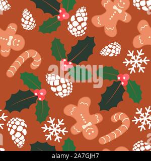 Vector seamless sfondo di Natale con gingerbread cookie, pigne, fiocchi di neve,di bacche rosse con foglie verdi. seamless pattern invernale per happ Illustrazione Vettoriale