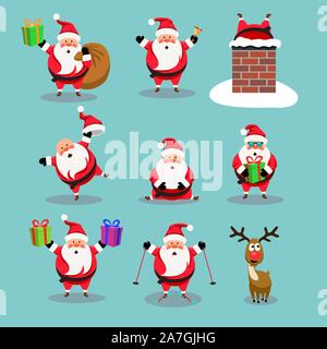 Vettore collezione natalizia di graziosi cartoni animati di santa claus e dal naso rosso, di renna Rudolph. buffi personaggi per buon Natale e Anno Nuovo illust Illustrazione Vettoriale