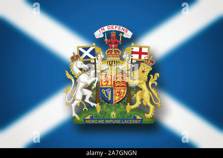 Lo stemma della Scozia e il flag offuscata della Scozia in background. Foto Stock