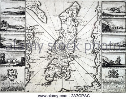 Isola di Man mappa, attacco da incisore boemo Wenceslaus Hollar da 1600s Foto Stock