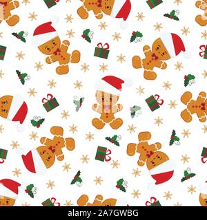Vettore di natale piatto senza cuciture con pattern di Gingerbread Man in Red Hat, doni, vischio, fiocchi di neve su sfondo bianco. Illustrazione Vettoriale