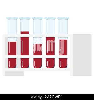 Laboratorio di Scienze provette in vetro riempito con sangue rosso o reagenti liquidi in un rack isolati su sfondo bianco. Illustrazione Vettoriale