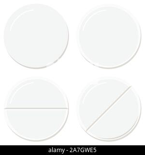 Bianco pillole tonda set di modelli isolati su sfondo bianco. Illustrazione Vettoriale