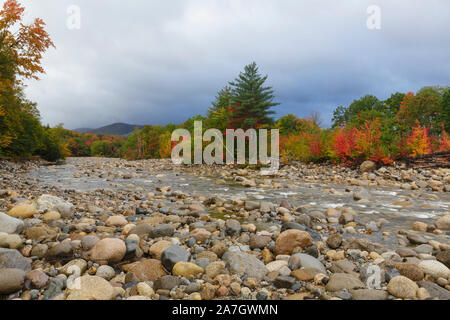 Guardando a valle in corrispondenza di fogliame di autunno lungo la rocciosa ramo orientale del fiume Pemigewasset, vicino al villaggio di Lincoln, a Lincoln, New Hampshire su una nuvola Foto Stock