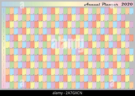 Planner annuale 2020 colore specifico per ogni giorno della settimana in lettere nere con contorno bianco Illustrazione Vettoriale