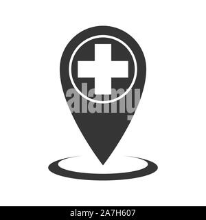 Puntatore Mappa medico con icona a forma di croce. Medical pin icona posizione isolata. Illustrazione Vettoriale in design piatto. Illustrazione Vettoriale