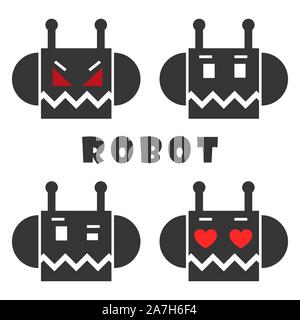 Serie di robot del vettore icone. Facce nero del robot. La faccia di robot isolato. Illustrazione Vettoriale