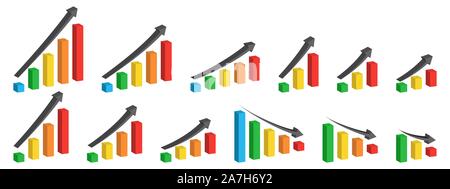 Set di grafici con la freccia rivolta verso l'alto. Il vettore grafico 3D. Grafico a barra crescente icona. Illustrazione Vettoriale