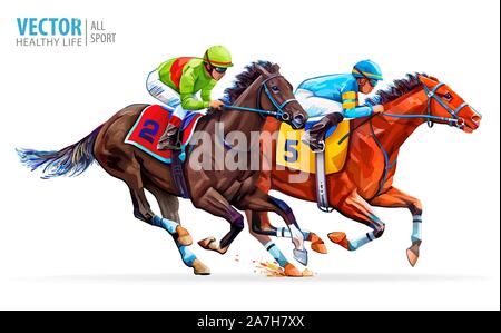 Due cavalli da corsa in concorrenza gli uni con gli altri. Sport. Campione. Ippodromo. Racetrack. Equestrian. Derby. Velocità. Isolato su sfondo bianco. Vettore Illustrazione Vettoriale