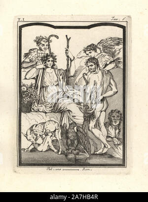 La più ragionevole spiegazione per questo dipinto è che mostra la Hercules e suo figlio Telefo, chi è stato allattato da una femmina del cervo. La bella donna seduta tenendo un personale può essere Arcadia o la dea terra Tellus (Terra). Dietro di loro sono la coppa con i suoi tubi e pedum o bastone curvo e Ceres o la provvidenza rivolta verso il ragazzo. Scavate nella resina. Copperplate incisi da Tommaso Piroli dal suo "Antichita di Ercolano' (Antichità di Ercolano), Roma, 1789. Artista italiano ed incisore Piroli (1752-1824) pubblicato sei volumi tra 1789 e 1807 per documentare le pitture murali e bronzi trovate in Foto Stock