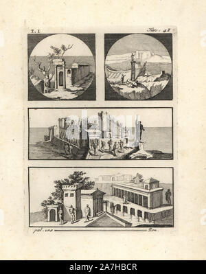 La parte superiore sinistra mostra un paesaggio con due colonne che reggono un architrave di fronte di rovine e la parte superiore destra mostra una statua che potrebbe essere un Leucothea, con una nave in mare e una casa di campagna. Il pannello centrale mostra una magnifica casa di campagna, con caratteri multipli e una statua del Nettuno. Il pannello inferiore mostra una torre quadrata con windows, un edificio sostenuto da archi in acqua e una tomba in distanza. Copperplate incisi da Tommaso Piroli dal suo "Antichita di Ercolano' (Antichità di Ercolano), Roma, 1789. Artista italiano ed incisore Piroli (1752-1824) pubblicato sei volu Foto Stock