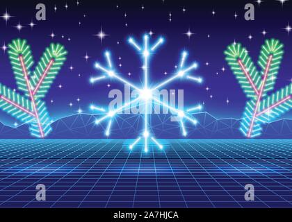 Scheda di Natale con 80s neon il simbolo del fiocco di neve Illustrazione Vettoriale