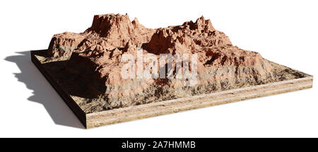 Modello di una sezione trasversale di un deserto montagna, mesa isolata con ombra su sfondo bianco Foto Stock