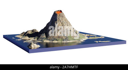 Vulcano erutta lava, sezione trasversale modello di un'isola con il vulcanismo isolati su sfondo bianco Foto Stock