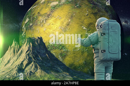 Astronauta esplorando il pianeta alieno paesaggio, viaggio di un esopianeta Foto Stock
