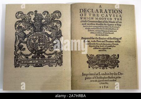 Exposición de las causas que condujeron a los comandanti de la Armada de Su Real Majestad la reina de Inglaterra en el viaje y expedición a Portogallo. Londres, Christopher Barker ed., 1589. Biblioteca del Congreso, Washington, Estados Unidos. Museo Casa María Pita. La Coruña. La Galizia. España. Foto Stock