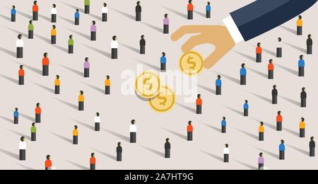Prelievo a mano e mettere il denaro da alla folla di persone. Concetto di donazione di dare o di corruzione di pubblici. Significa anche trarre profitto dal mercato di massa. Illustrazione Vettoriale