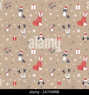 Natale seamless pattern con Cartoon carino animali di bosco in stile scandinavo. Buffi personaggi su sfondo kraft. Vettore di piana illustartion. Illustrazione Vettoriale