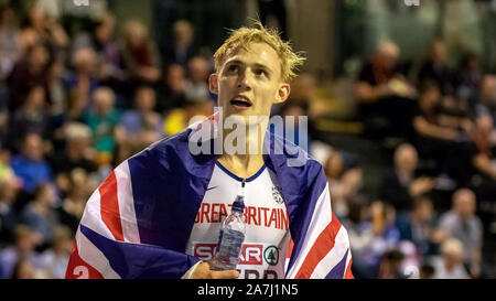 Glasgow, Scotland, Regno Unito. 3 Marzo, 2019. Gran Bretagna Jamie Webb dopo la concorrenza durante il giorno 3 del Glasgow 2019 Europeo di Atletica Leggera Indoor campionati, a Emirates Arena. Iain McGuinness / Alamy Live News Foto Stock