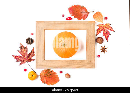 Ringraziamento o autunno sfondo. Composizione di caduta con caduta foglie, fiori secchi, bacche, dadi e zucca in frame isolati su sfondo bianco. Foto Stock