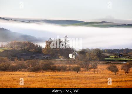 Ystrad Meurig, Ceredigion, Wales, Regno Unito. 03 novembre 2019 UK Meteo: un brillante inizio di giornata in Ystrad Meurig come la nebbia sale sopra il bog terra ai piedi del Cambriano montagne vicino Tregaron. Credito: Ian Jones/Alamy Live News Foto Stock