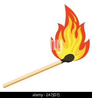 Fiammifero bruciato design piatto icona, illustrazione vettoriale matchstick masterizzazione su incendio isolato su sfondo bianco. Illustrazione Vettoriale