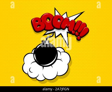 Boom bomba testo fumetto discorso bolla pop art Illustrazione Vettoriale