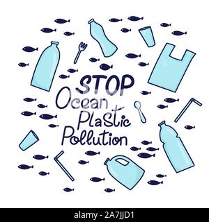 Fermata oceano inquinamento plastica disegnata a mano una frase scritta. Immondizia di plastica, sacchetto, bottiglia, plastica conteners, cannucce e cutleryin l'oceano. Illustrazione Vettoriale in stile scarabocchio. Proteggere il concetto di oceano Illustrazione Vettoriale