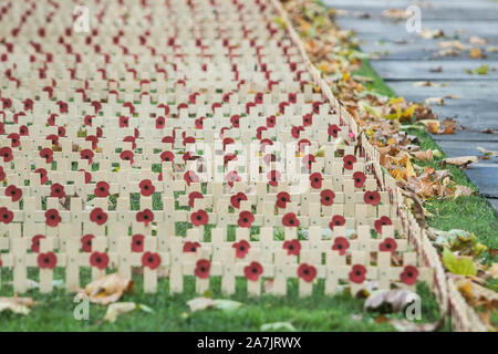 Londra, Regno Unito. Il 3 novembre 2019. Le croci sono stabiliti nel campo del ricordo al di fuori di Westminster Abbey secondo reggimenti davanti al ricordo le commemorazioni di domenica per onore ai caduti British and Commonwealth soldati e donne di conflitti del passato. La British Legion Field di ricordo sarà ufficialmente inaugurata da S.A.R. il principe Harry Duca di Sussex. amer ghazzal /Alamy live News Foto Stock