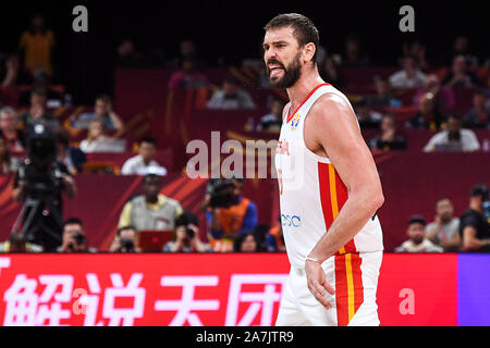 Marc Gasol della Spagna grida a Spagna vs Australia semifinale di 2019 basket FIBA di Coppa del Mondo a Pechino, Cina, 13 settembre 2019. Foto Stock