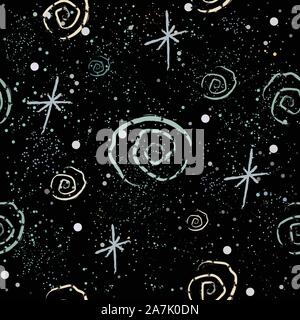 Modello di cute con spirali d'oro pastello con strisce blu su sfondo beige con piccoli puntini. Disegnata a mano Design. Ottimo per wall art design, carta regalo Illustrazione Vettoriale