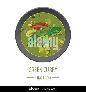 Curry verde famoso cibo tailandese,realistici con vista dall'alto,stile illustrazione vettoriale Illustrazione Vettoriale