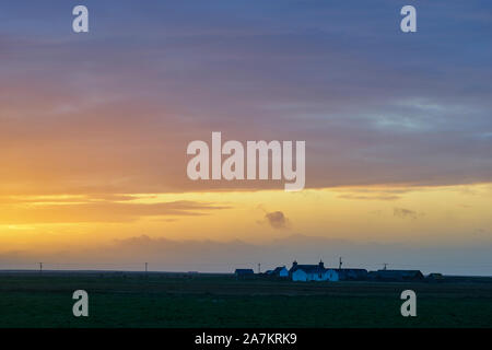 Agriturismo in scena al tramonto, Rusness, Northwall, Sanday, isole Orcadi, Scozia Foto Stock