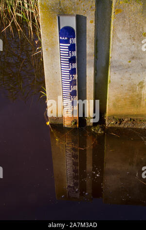 Blue Indicatore livello acqua su un muro di cemento, riflessa nell'acqua Foto Stock