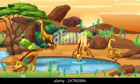 In scena con le giraffe acqua potabile illustrazione Illustrazione Vettoriale